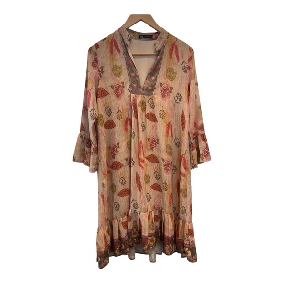Zara Woman Bohemian Floral Mini Dress 3/4 Bell Sleeve Tunic Style Size M - Picture 1 of 14